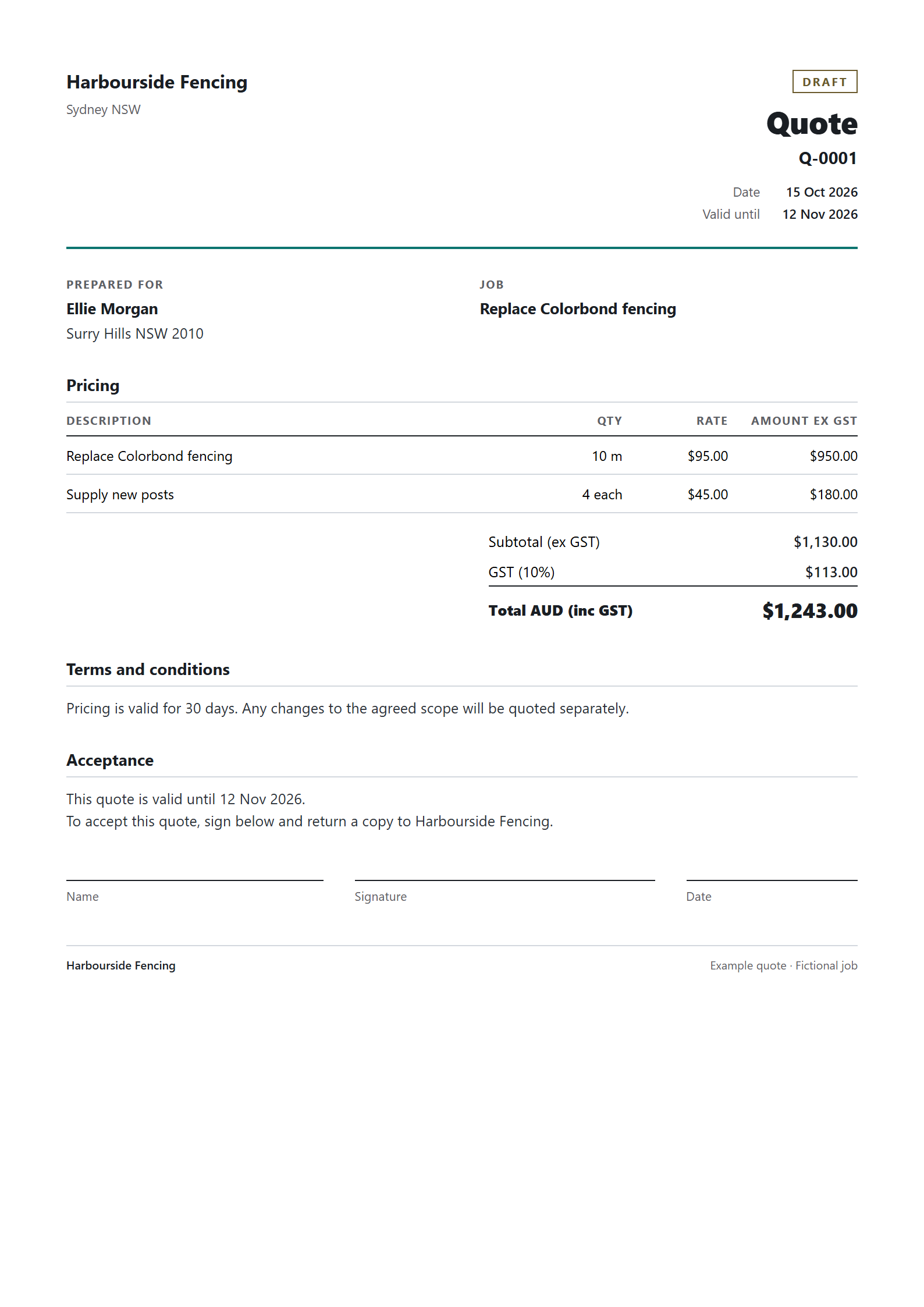The quote prepared from that note: the customer, confirmed charges, GST and an acceptance section.